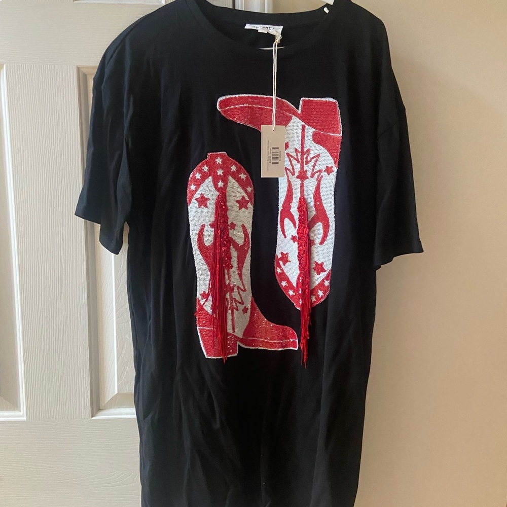 Black t-shirt dress with Red Sequin Star Design